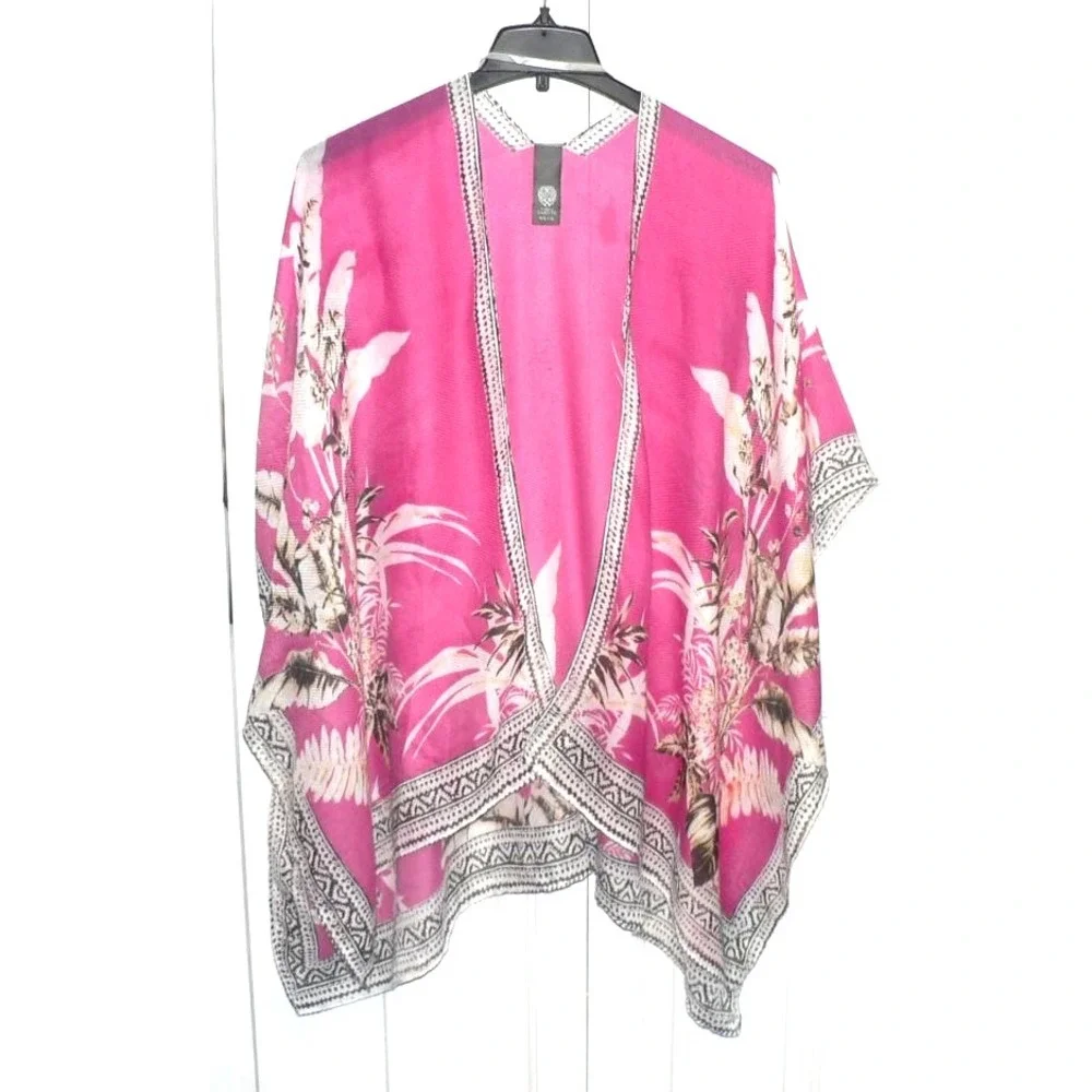 Vince Camuto Women's Tropical Blooms & Border Open Front Topper OSFM in Pink Mul - Picture 4 of 8